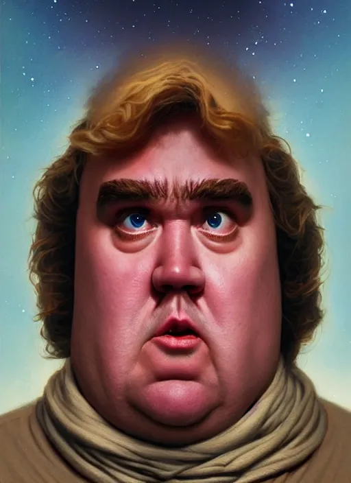 Image similar to hyper realistic, zoomed out portrait of a mega derpy john candy in star wars, stoned, by greg rutkowski, scott m fischer, artgerm, loish, slight glow, atmospheric, anne stokes, alexandros pyromallis