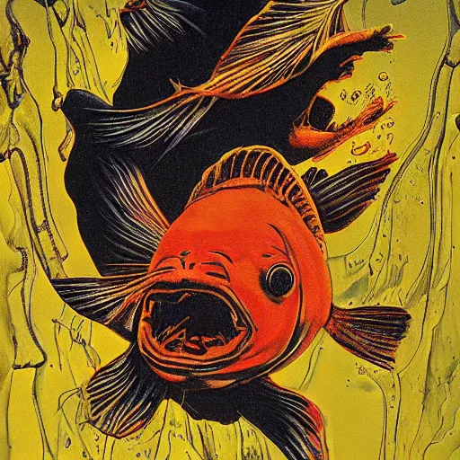 Image similar to goldfish tearing the fabric of reality by gerald brom and andy warhol