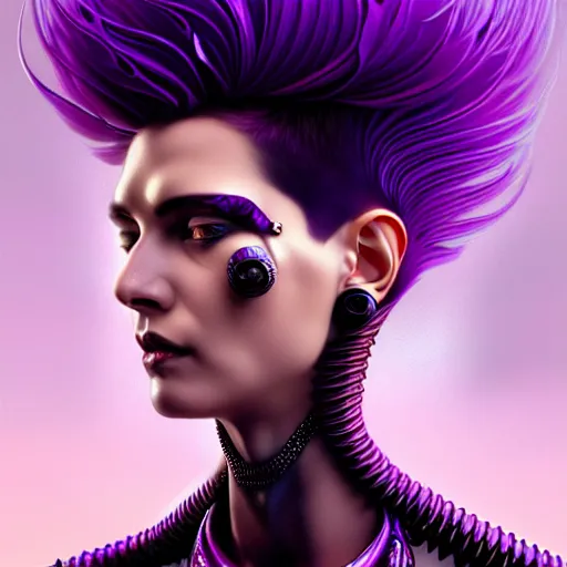 Image similar to woman with extremely large and intricate haircut with angry purple eyes and slim features looking askance, eye cyberpunk bionics, retro futurist style, intricate, elegant gleaming intricate baroque jewelry, angelic halo, highly detailed, digital painting, artstation, concept art, smooth, sharp focus, illustration, art by wlop, mars ravelo and greg rutkowski,