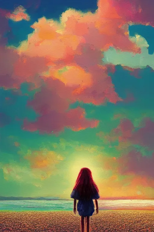 Image similar to giant flower head, girl walking on a beach, surreal photography, sunrise, dramatic light, impressionist painting, colorful clouds, digital painting, artstation, simon stalenhag