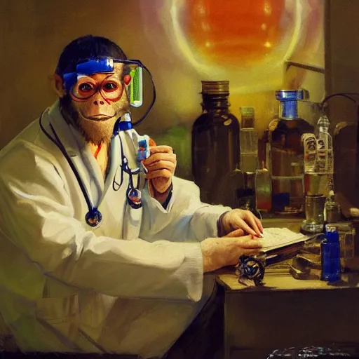 Prompt: portrait of a monkey doctor working in a chemical lab, artwork by gaston bussiere, craig mullins, trending on artstation, monkey dressed as a scientist, using googles and wearing a doctor coat