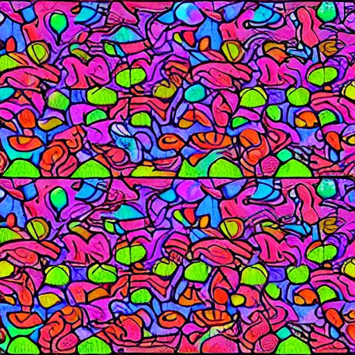 Prompt: colorful autostereogram illusion with psychedelic mushrooms dancing among a twilight desert of peyote
