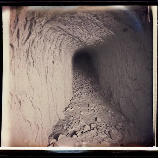 Image similar to a dark and narrow glacier cave, deep, dark, creepy, eerie, unsettling, terrifying, old polaroid, expired film, deep,