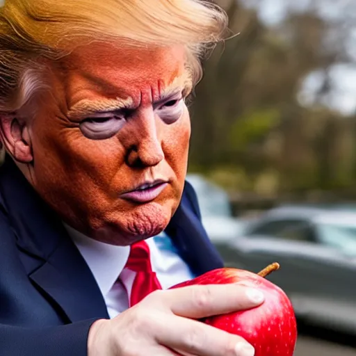 Image similar to secuctive donald trump with red hair eating an apple looking in the camera