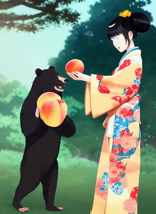 Prompt: a girl wearing a kimono giving a peach to a large anthropomorphic asian black bear, anime art, featured in artstation, artgerm, award winning, cinematic, elegant, intricate, 8 k, in the style of heikala and timothy kong and laia lopez and viorie,