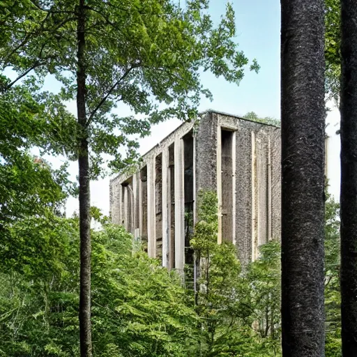 Prompt: an eco-brutalist building amongst the trees