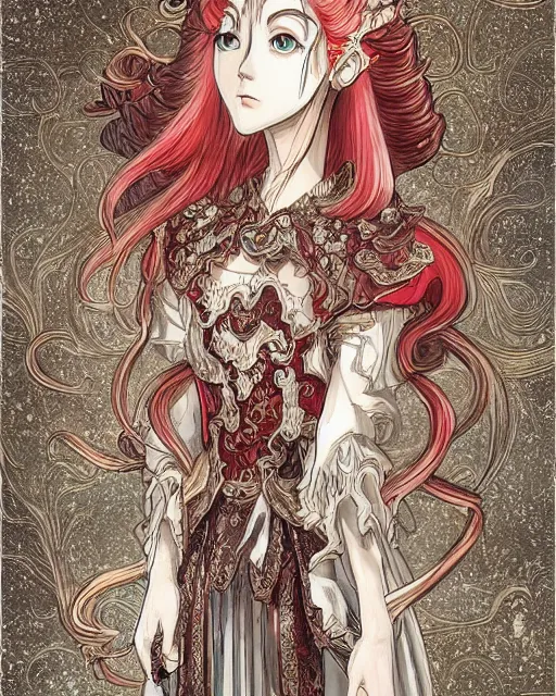 Image similar to otoyomegatari, baroque style, elegant, beautiful, mesmerizing, concept art, fancy clothing, highly detailed, artstation, behance, deviantart, inspired by innocent manga, inspired by castlevania concept art, trending, ayami kojima, shinichi sakamoto, kaoru mori