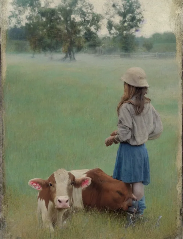 Image similar to portrait of peasant girl petting a cow on a farm, cottage core, polaroid photo bleached vintage pastel colors high - key lighting, soft lights, foggy, by steve hanks, by lisa yuskavage, by serov valentin, by tarkovsky, 8 k render, detailed, oil on canvas