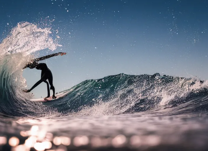 Image similar to a 2 8 mm macro photo of a surfer inside a curling wave, splash art, movie still, bokeh, canon 5 0 mm, cinematic lighting, dramatic, film, photography, golden hour, depth of field, award - winning, anamorphic lens flare, 8 k, hyper detailed, 3 5 mm film grain, hazy