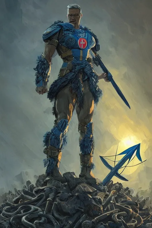 Image similar to a distant shot of a super soldier with blue and yellow flag and a trident symbol standing alone on a huge pile of skulls as a winner, masculine figure, D&D, fantasy, intricate, elegant, highly detailed, extremely detailed, digital painting, artstation, concept art, matte, smooth, sharp focus, illustration, art by Artgerm and Greg Rutkowski and Alphonse Mucha