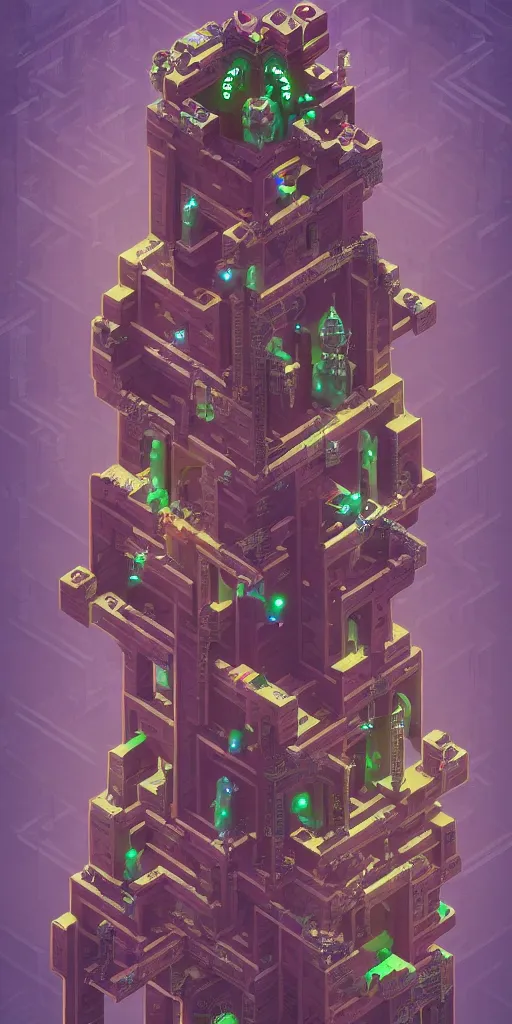 Image similar to isometric portrait of advanced alien, his last moment, mystical, magicavoxel intricate ornamental tower floral flourishes, technology meets fantasy, map, infographic, concept art, art station, style of monument valley, giger, wes anderson