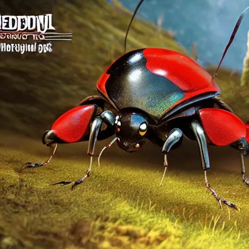 Image similar to promotional movie still, ladybugs, ladybug quadruped with big piercing eyes, ladybug hobbits, ladybug robots, space western, the fellowship of the ring ( film ), 3 d render