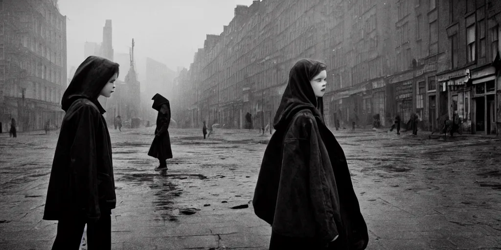 Image similar to sadie sink in hoodie at umbrella stand in ruined square, pedestrians on both sides ignore her, old tenements in background : grainy b & w 1 6 mm film, 2 5 mm lens, medium shot from schindler's list by steven spielberg. cyberpunk, steampunk. cinematic atmosphere and composition, detailed face, perfect anatomy