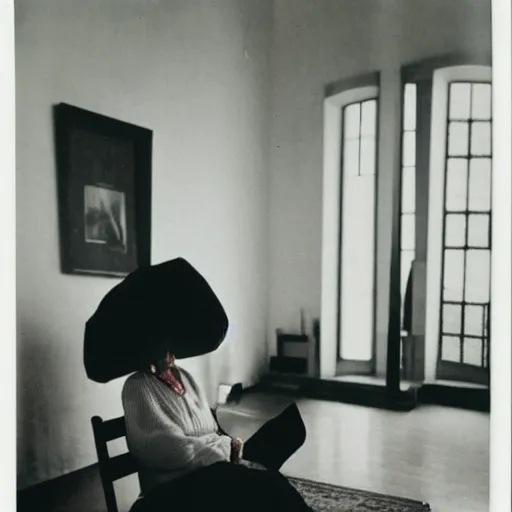 Prompt: an elderly woman sitting in a living room designed by yohji yamamoto, polaroid