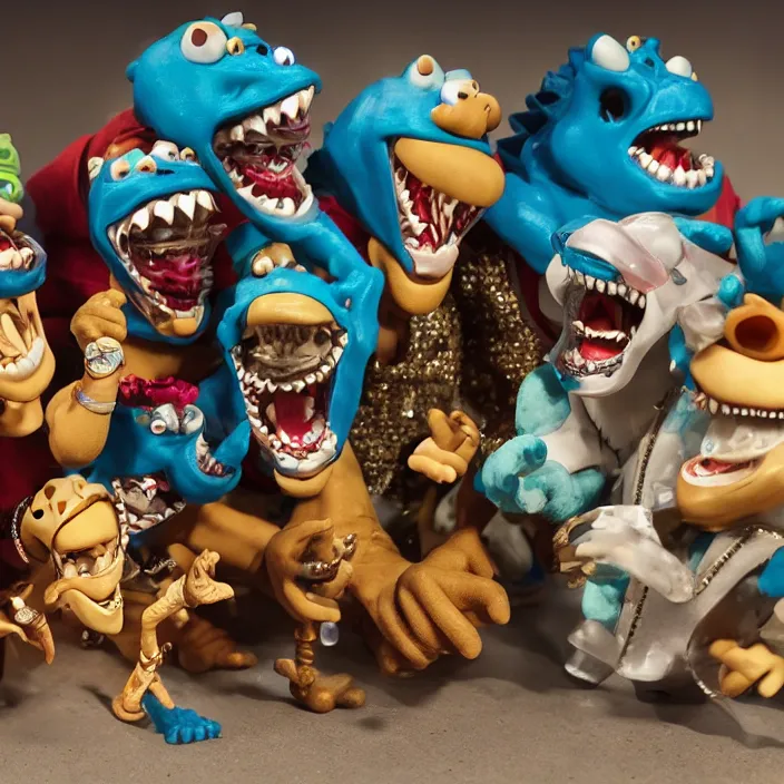 Image similar to hip hop street sharks wearing a ton of bussdown iced gold bling in wallace & gromit claymation