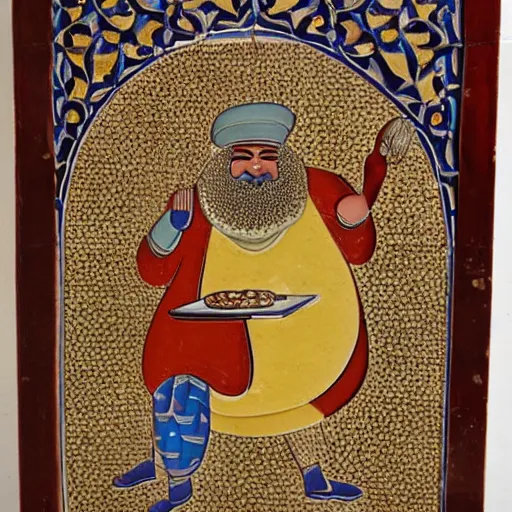 Prompt: a persian bassrelief of fat man eating in mcdonalds, in elminino style