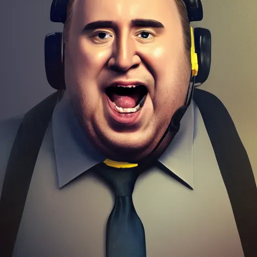 Prompt: Obese Nicolas Cage wearing a headset and yelling at his monitor, portrait, digital art, trending on Artstation, rendered by Octane, by WLOP