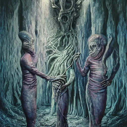 Prompt: painting of a creepy family wearing long robes, highly detailed, intercrossed humans, mixed animal, in a beautiful crystal caverine, by giger, zdzislaw beksinski, frank frazette, cold hue's, amazing colorful background, digital art, concept art, animal painting, beautiful composition 3 - d 4 k,