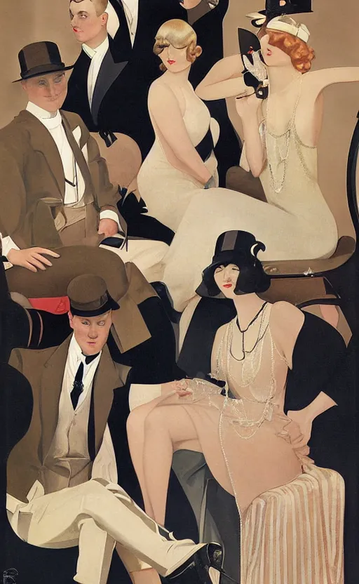 Image similar to a painting depicting Jazz Age high society people, 1920s style, smooth, highly detailed, high contrast, Coles Phillips, Dean Cornwell, JC Leyendecker, 8K