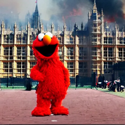 Image similar to Elmo speaking in british parliament while everything is burning around him