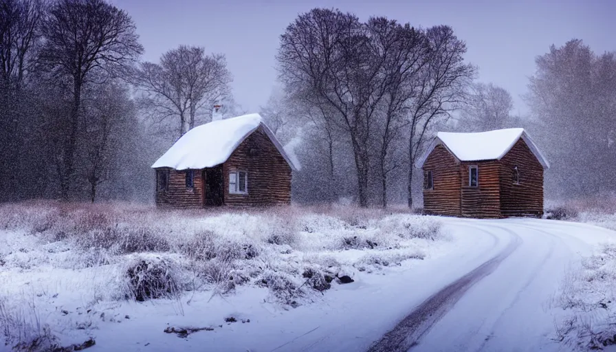 Image similar to A Desolate Cottage with light emitting from it snowed in in a wonderful winter landscape. Blizzard, Heavy snow falling, Snowstorm, Light Haze, Magical Lighting