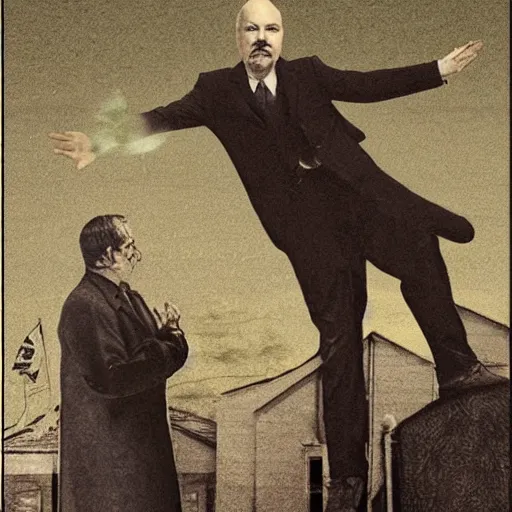 Image similar to realistic photo lenin backflips applauds