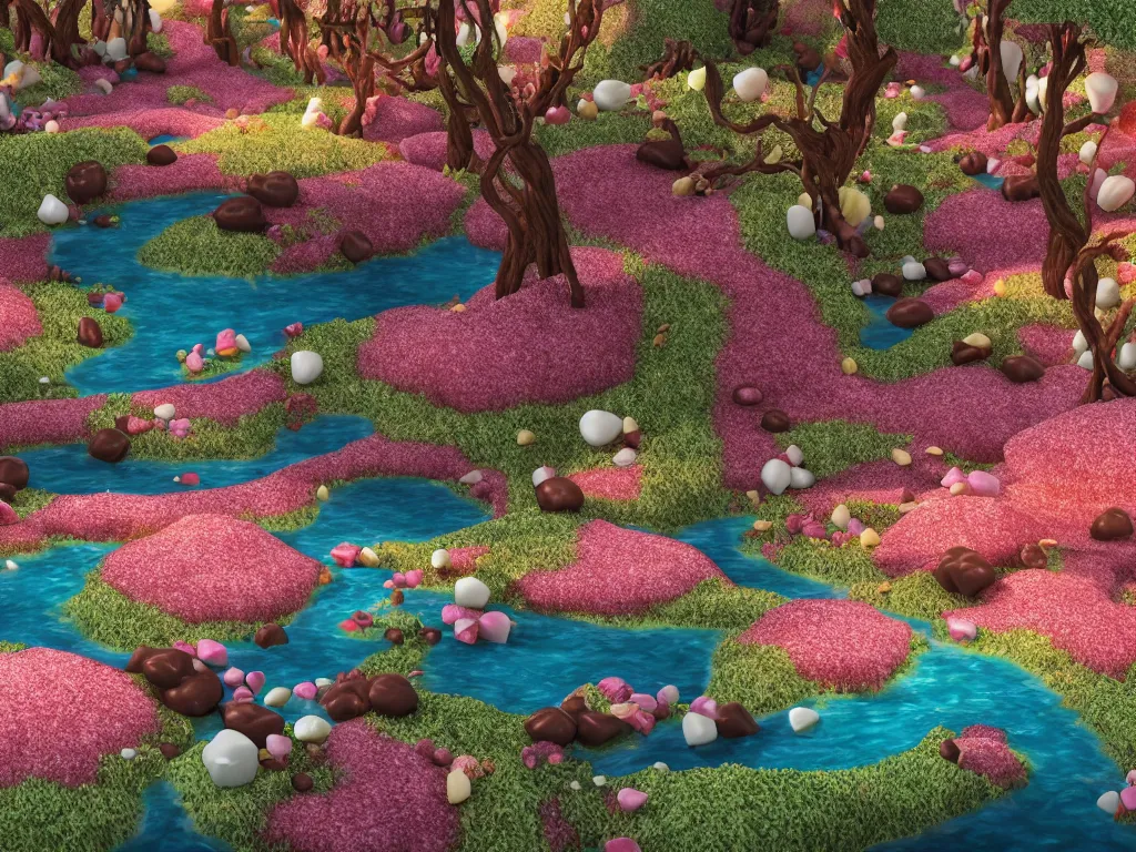 Prompt: an ultra realistic dream landscape of a chocolate river, trees made of candies, cotton candy bushes roads made of buiscuits, fairy landscape, octane render, fairytail, unreal engine, 4 k, masterpiece, tilt shift, david lachapelle, alice in wonderland, trending on artstation,