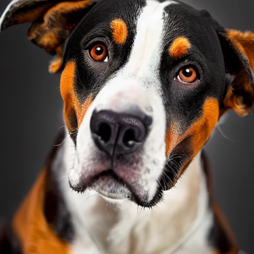 Image similar to a high detail shot of abig swiss mountain dog wearing a hazmat suit,studio photograph,proofessional photography,studio lighting,professional lighting,3 point lighting,hyperdetailed,photorealistic,50mm lens,detailed face