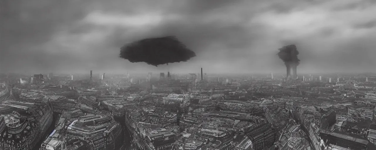 Prompt: a landscape of central london after a nuclear strike, collapsed london eye, big ben, groups of human figures, fog, atmosphere, brooding clouds, mushroom cloud, gas