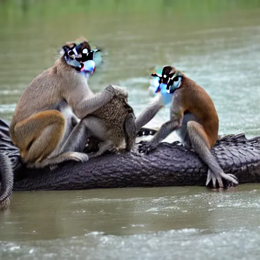 Prompt: monkey on top of a crocodile on a river