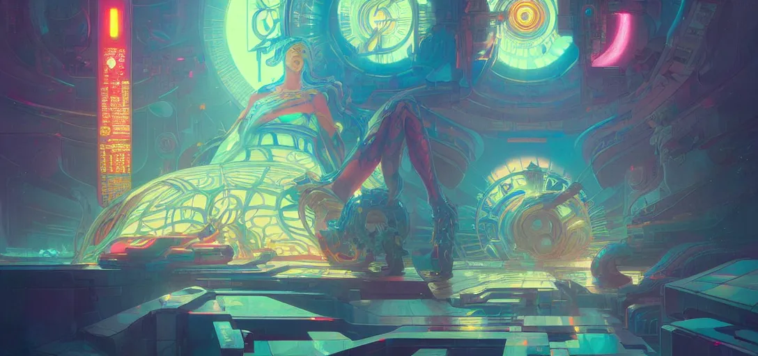 Image similar to a cybernetic temple, vaporwave aesthetic, colorful, psychedelic, digital painting, artstation, concept art, smooth, sharp focus, illustration, art by artgerm and greg rutkowski and alphonse mucha