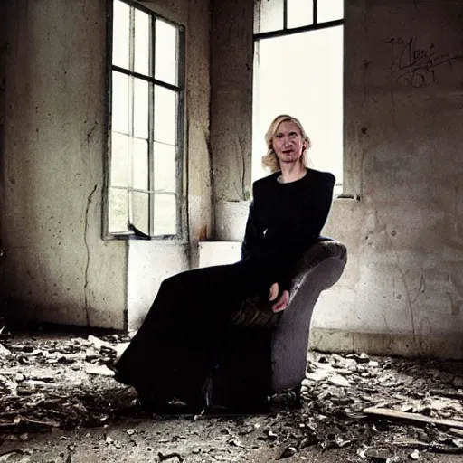 Image similar to Portrait of cate blanchett in an abandoned building, by Annie leibowitz, photorealisitc ,detailed