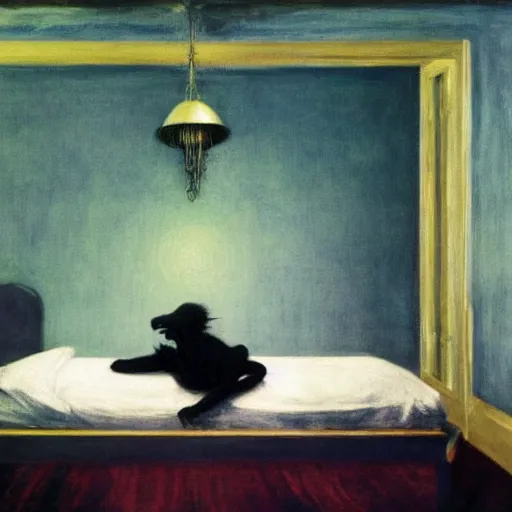 Image similar to a black scary chimera in an haunted liminal hotel abandoned room, hyperrealistic film still by edward hopper, by gottfried helnwein, by klimt, art noveau, highly detailed, strong lights, liminal, eerie, bright pastel colors,