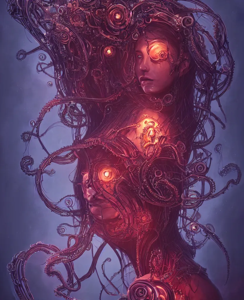 Image similar to queen of death. intricate portrait, occult cyberpunk, ancient futuristic, dark art, occult. intricate biomechanical, bioluminescent halo, cybernetic jellyfish, tentacles, by Petros Afshar, by artgerm, by Eddie Mendoza, by Peter mohrbacher by tooth wu, unreal engine, octane render, cinematic light, high details, iridescent colors