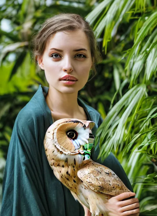 Image similar to portrait photograph of beautiful!!!! young female model, symmetric face!, symmetric eyes, slight smile, natural light, wearing a yellow kimono with a very detailed barn owl! on her shoulder in a tropical greenhouse. looking at the camera!!. super resolution. Extremely detailed. Graflex camera!, bokeh!!!!!.