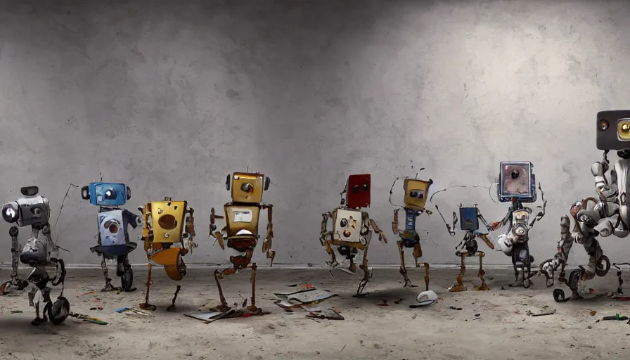 Prompt: robots in an abandoned decrepit art gallery, robots stand in front of landscape paintings, robots holding paintbrushes and easels, landscape paintings on canvas with robots, 4 k, dramatic lighting, cinematic lighting, robot painter