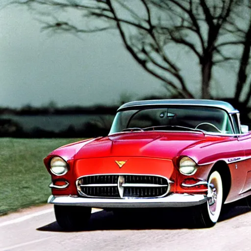 Image similar to 1955 Pontiac Firebird, movie still, speed, cinematic Eastman 5384 film