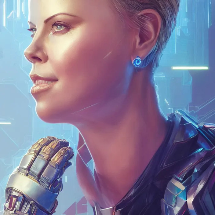 Image similar to portrait of Charlize Theron, wearing The Infinity Gauntlet. intricate artwork. by Tooth Wu, wlop, beeple, dan mumford. octane render, trending on artstation, greg rutkowski very coherent symmetrical artwork. cinematic, hyper realism, high detail, octane render, 8k, iridescent accents