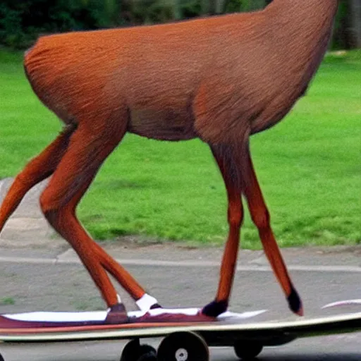 Prompt: a bipedal deer performing tricks on a skateboard, cartoon