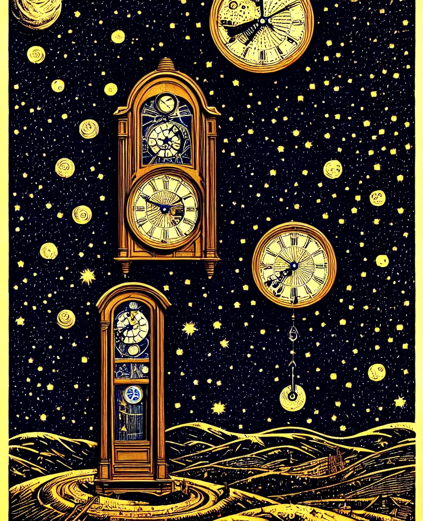 Image similar to majestic grandfather clock, round window looking out to the starry night sky, high details, intricately detailed, by vincent di fate, inking, 3 color screen print, masterpiece, trending on artstation,, sharp, details, hyper - detailed, hd, 4 k, 8 k