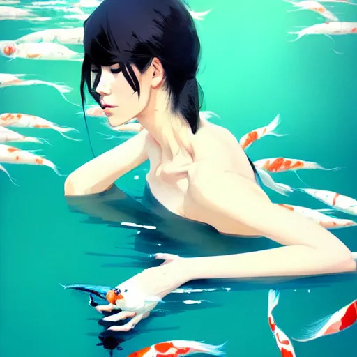 Image similar to a ultradetailed beautiful panting of a stylish woman surrounded by floating koi fish, by conrad roset, greg rutkowski and makoto shinkai, trending on artstation