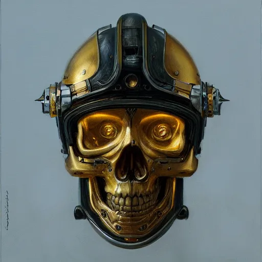 Image similar to three quarter view of gold skull helmet face mask by donato giancola and greg rutkowski, vintage retro scifi, realistic face, digital art, trending on artstation