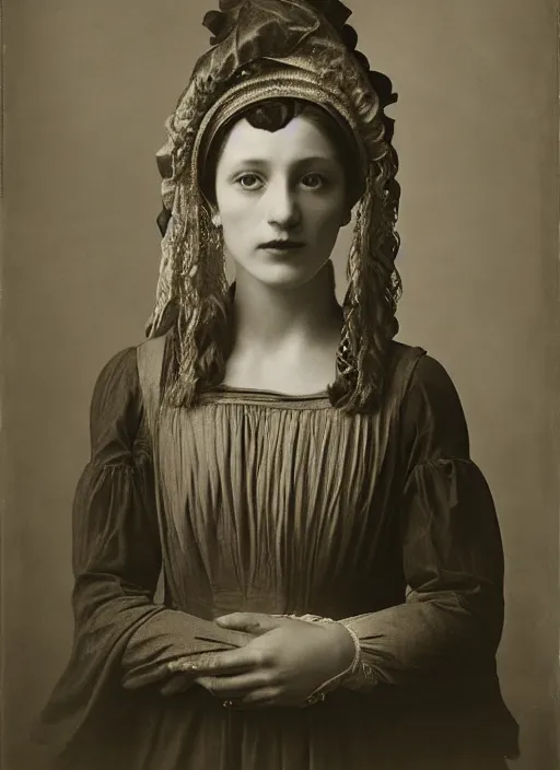 Prompt: portrait of young woman in renaissance dress and renaissance headdress, art by august sander