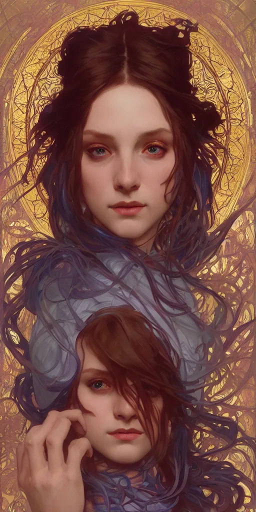 Image similar to Beautiful female wizard with blue robes wearing an intricate arcane makeup, digital art, art by Alphonse Mucha, Greg Rutkowski, Alex Ross, WLOP, Artstation, 8K