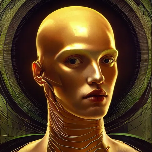 Image similar to portrait of a beautiful ginger male android, coy, circuitry visible in head, in the style of ex machina, karol bak, alphonse mucha, greg rutkowski, award winning, hr giger, artstation