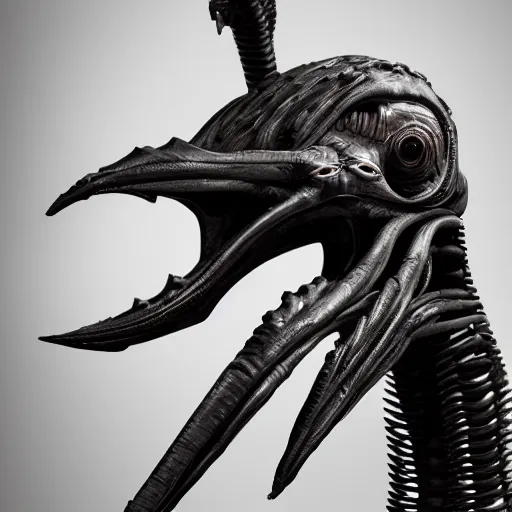 Image similar to full body studio shot of an ostrich - xenomorph hybrid, designed by h. r. giger, borg, matrix, 4 k photo