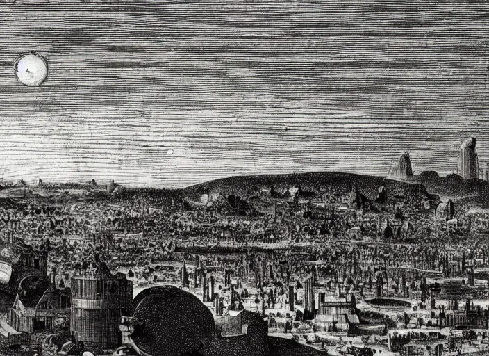 Image similar to detail from Hollar’s Panoramic view of a Martian city, 1647