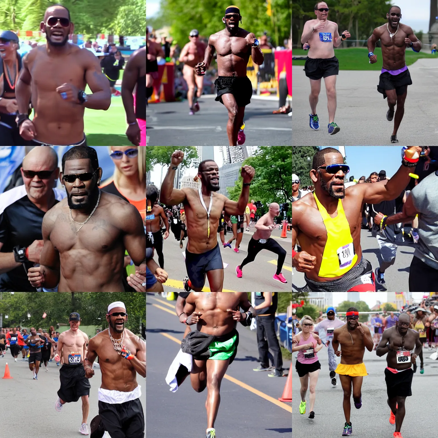 Prompt: shirtless r kelly running marathon celebrating, finish line