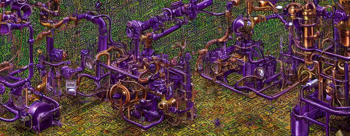 Image similar to a super high resolution film still of densely packed machine apparatus for making snake oil, huge copper machine with fine purple and green intricate pipework, art by jacek yerka, and ed roth, directed by denis villeneuve, cinematography by robby muller, fine detail, kodachrome 8 k, snake machine, cinematic lighting