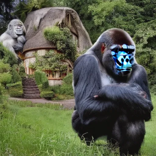 Image similar to a gorilla outside of Bilbo Baggins house in The Shire